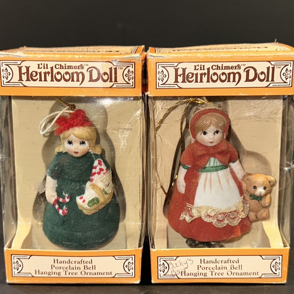 2 VTG Jasco Lil Chimers Heirloom Doll Christmas Ornament Porcelain Doll Bell